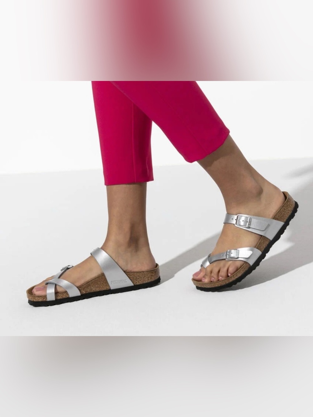 Birkenstock Silver Two-Strap Toe-Loop Cork Footbed Sandals